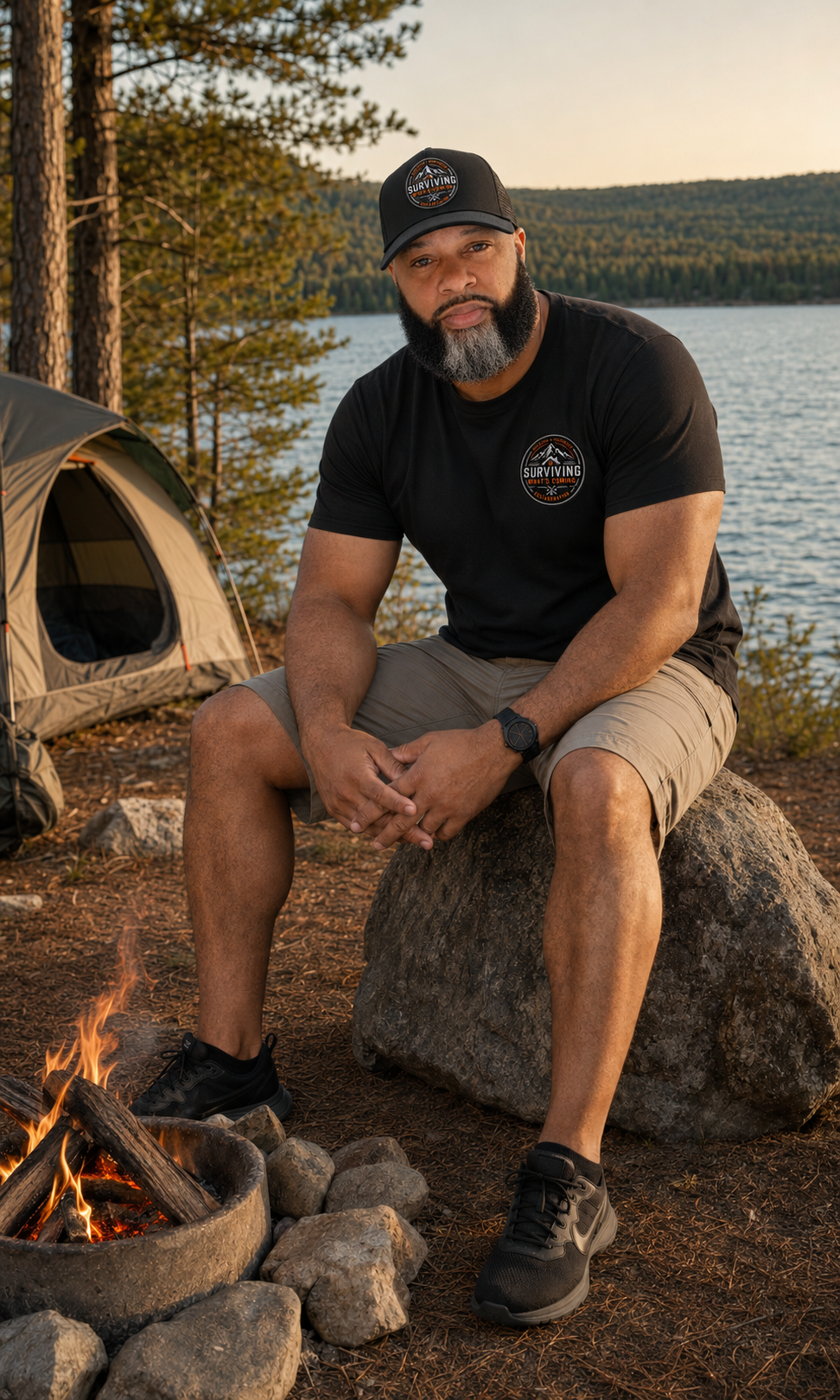 Coach Dex at a calm lakeside campsite wearing a Surviving What’s Coming shirt and an all-black logo trucker cap